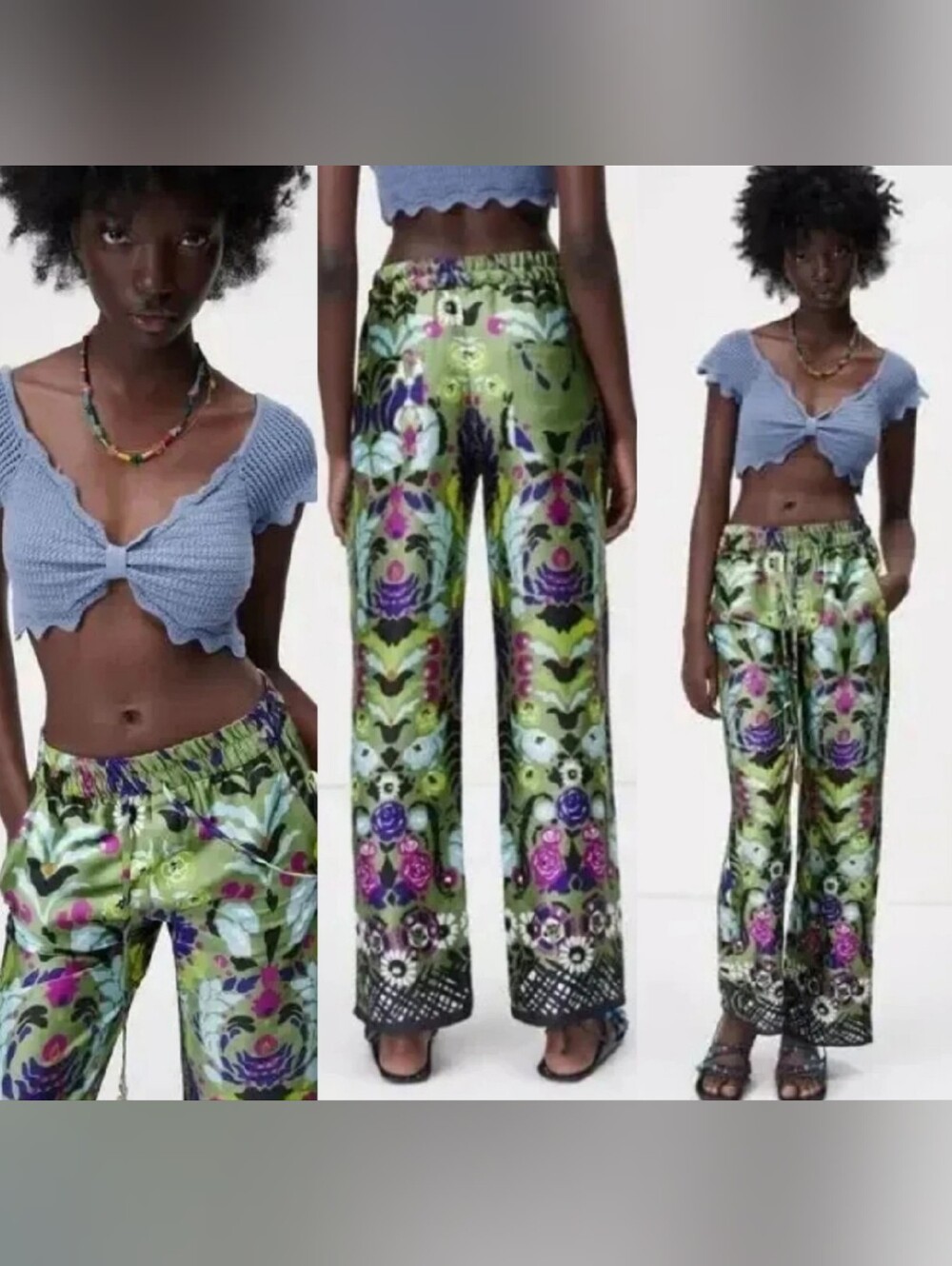 ZARA Multicolor Floral Print Satin Effect Wide Leg Pants XS